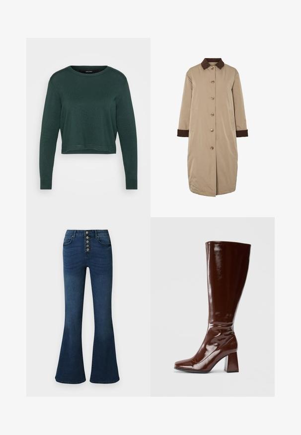 Beige jas met een bruine corduroy kraag, knoopsluiting aan de voorkant, lange mouwen en zijzakken. Glad materiaal met een knielange uitstraling.; Donkergroene cropped trui met een ronde hals en lange mouwen, met een gebreide textuur en geribde zoom en manchetten.; Donkerblauwe denim flared jeans met een hoge taille en een sluiting met vijf knopen aan de voorkant. Soepele textuur met subtiele vervaging en stiksel details.; Kniehoge bruine laarzen van gepatenteerd leer met een vierkante neus, glanzende afwerking en een chunky hak voor stabiliteit. Naadloos ontwerp zonder zichtbare hardware.