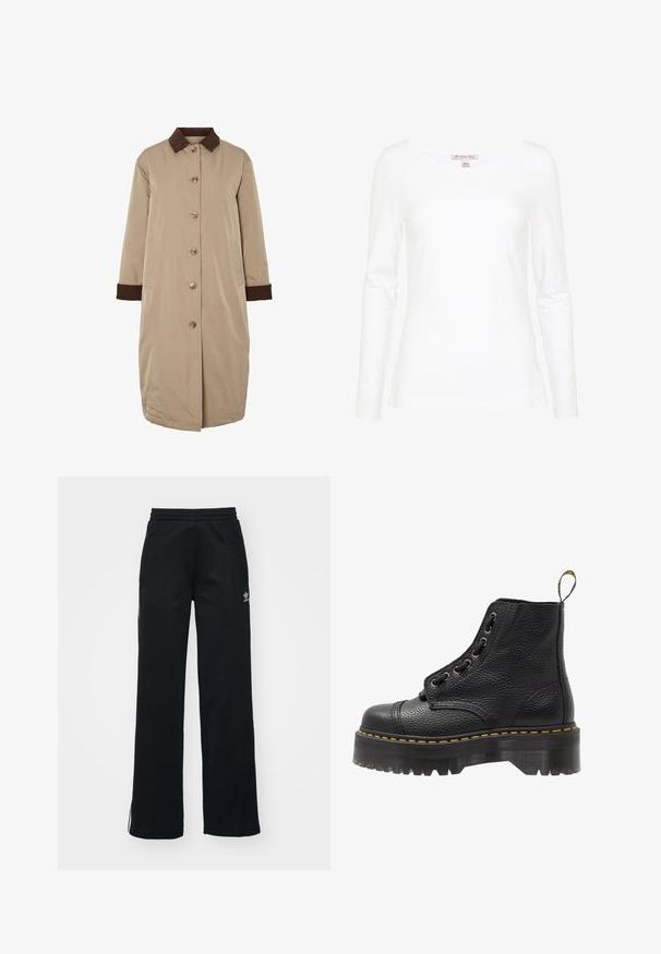 Beige takki, jossa on ruskea corduroy-kaulus, edessä napitus, pitkät hihat ja sivutaskut. Tasainen kangas ja polvipituinen muotoilu.; Anna Field Pitkähihainen paita - white; Mustat urheiluhousut, joissa on rento istuvuus, kiristysnyöri vyötäröllä, sivutaskut vetoketjulla ja hillityt valkoiset logot vasemmassa jalassa.; Mustat nahkaisen nilkkurit, joissa on teksturoidun pinnan, pyöreä kärki, nauhakiinnitys, keltainen ommel ja paksu, uritettu musta alustapohja.