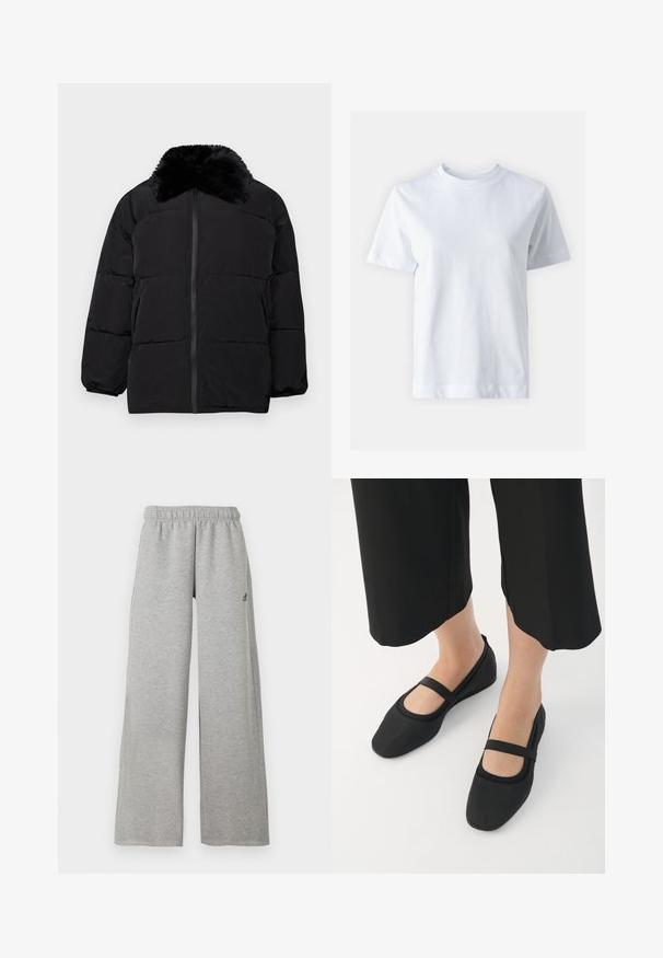 Sort puffer-jakke med faux fur-krave, lynlås, elastiske manchetter og et quiltet design med vandrette syninger.; Hvid bomulds t-shirt med rund halsudskæring, korte ærmer, lige snit og glat tekstur. Ingen mønstre eller dekorationer.; Lysegrå sweatpants med vide ben, elastisk taljebånd og lille sort Adidas-logo på højre lår.; Sorte flade sko lavet af glat materiale, med rund tå og en kontrastfuld rem over vristen. Flad sål, minimalistisk design.
