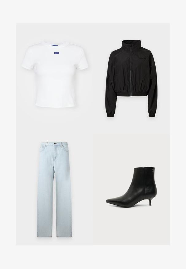 Chaqueta negra corta hecha de tela liviana. Presenta un collar alto, puños elásticos y cierre frontal con cremallera. Sutil acento de logo en el pecho.; Camiseta de algodón blanca con mangas cortas, escote redondo y un parche rectangular azul con el logo "HUGO" en el centro delantero.; Jeans de pierna ancha de color azul claro con cintura alta, bolsillos frontales y cierre de botón. Textura de mezclilla suave, mínimo desgaste, diseño de pierna recta.; Botín de piel negra con puntera puntiaguda y tacón bajo estilo kitten sobre fondo claro, mostrando vista lateral exterior.