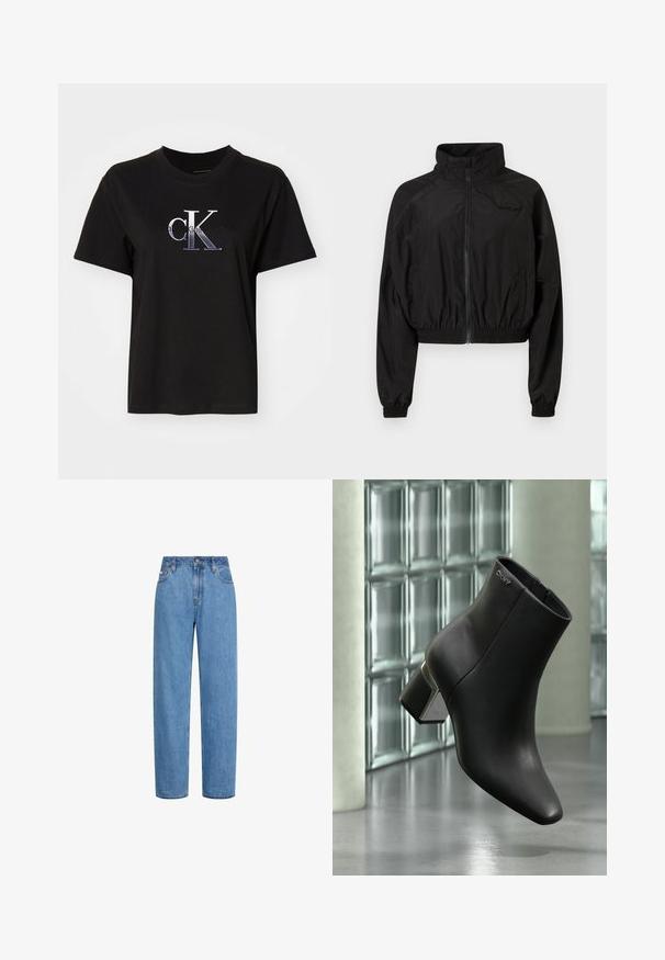 Sort cropped jakke lavet af letvægtsstof. Har en høj krave, elastiske manchetter og lynlås foran. Diskret logoaccent på brystet.; Sort bomulds T-shirt med rund hals. Har et sølv broderet "cK" logo og teksten "Calvin Klein Jeans" under logoet. Korte ærmer.; Straight-leg blå denim jeans med høj talje, frontknap og lommer, vist mod en hvid baggrund.; Sort læderankelstøvle med blokhæl, DKNY-logo nær toppen, vist foran en glasblokvæg og poleret betongulv.