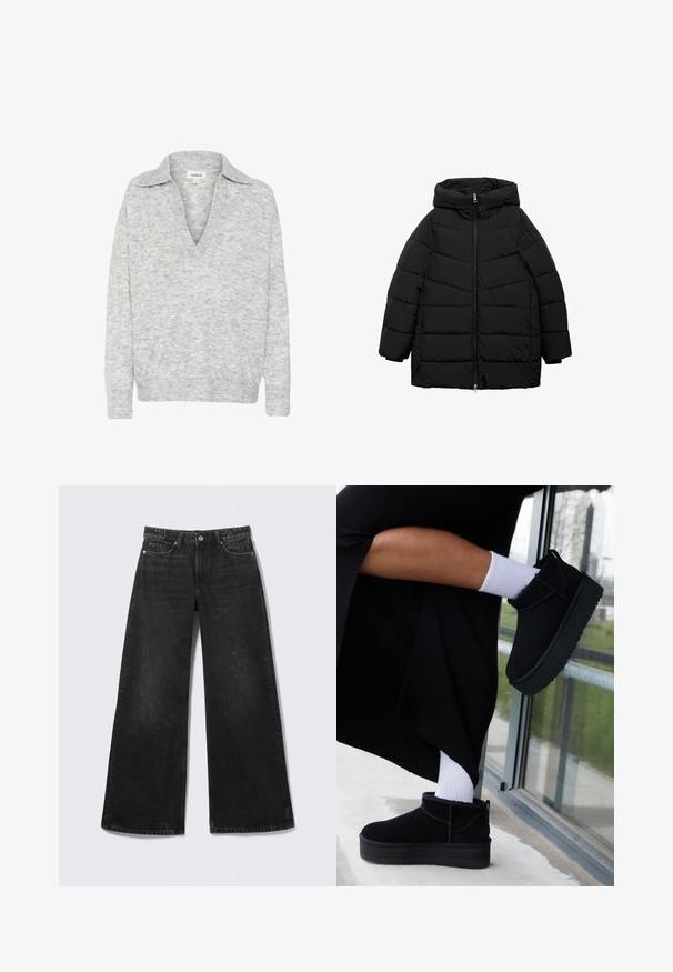 Sort pufferjakke med hætte, med lynlåslukning foran, vandret quiltet mønster og brede ærmer for en afslappet pasform.; Lys grå v-hals sweater med krave. Blødt, struktureret stof. Lange ærmer, ribkant. Subtil mønster i materialet.; Sorte jeans med vide ben, fem lommer og knappelukning, vist fladt på en lys baggrund.; Sorte suede ankelstøvler med flad sål, med en bageste træksløjfe, båret med hvide ankelstrømper mod en minimalistisk baggrund.