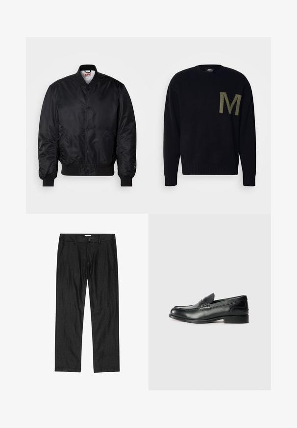 Chaqueta bomber negra con acabado satinado, cuello, puños y dobladillo acanalados, con cierre de botones a presión y bolsillos laterales.; Suéter negro de punto con puños y dobladillo acanalados. Presenta una "M" verde de gran tamaño en el lado izquierdo. Cuello redondo, textura suave.; Pantalones negros de corte recto para hombre con botón frontal, bragueta con cremallera y bolsillos laterales, mostrados planos sobre fondo blanco.; Mocasines de cuero negro con un acabado suave, detalles de costura en la parte delantera y un tacón ligeramente elevado.