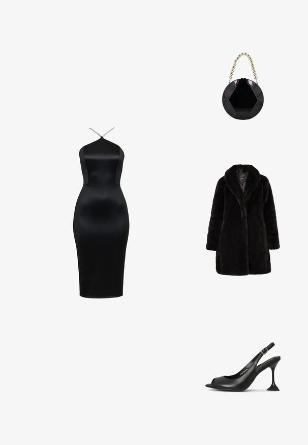 Sort kunstpelsjakke med bred krave, lange ærmer og en mid længde design med en blød tekstur. Ingen synlige lukninger.; Sort satin midi-kjole med halterneck-design, der har en glat tekstur og sidepaneler for en tætsiddende silhuet samt justerbare stropper.; Sort læder slingback hæl med åben tå, spids form, smal hæl der udvider sig, og en firkantet base. Tekstureret overflade og spænde detaljer.; Blank sort rund håndtaske med sekskantet mønster og kort håndtag lavet af store gyldne perler.