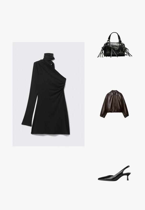 Brun faux læder cropped jakke med krave, lynlås-lukning og pufferærmer, med en glat tekstur og elastisk talje.; Sort étuikjole med én skulder, lavet af blødt stof. Den har et draperet design med samling på siden og en høj hals. Længesleeven er tætsiddende.; Sorte slingback pumps med spids tå, lavet af tekstureret syntetisk materiale, med en slank hæl og et åbent sides_design.; Sort læderhandtaske med flettede håndtag, tekstureret overflade, lynlåslomme foran og dekorative frynse-accenter. Kompakt og struktureret form.