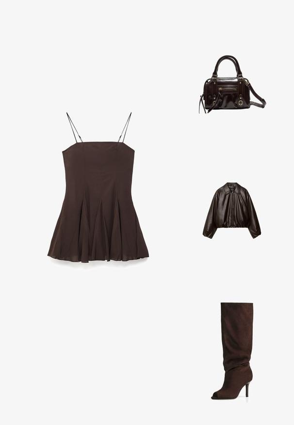 Veste cropped en simili cuir marron avec col, fermeture éclair et manches bouffantes, présentant une texture lisse et une taille élastique.; Robe marron sans manches avec un corsage ajusté et une jupe évasée plissée. Dotée de fines bretelles réglables et d'une texture de tissu lisse.; Botte marron foncé en suede, haute jusqu'au genou, avec un tige ample, un bout ouvert et un talon haut fin, photographiée sur fond blanc.; Sac à main en cuir verni marron avec double poignées, bandoulière amovible, poche zippée à l'avant et accents en métal doré.