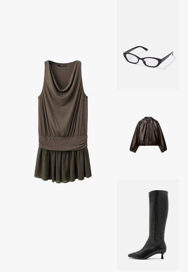 Braune Kunstleder-Cropped-Jacke mit Kragen, Reißverschluss und gepufften Ärmeln, aus glattem Material und mit elastischem Bund.; Ärmelloses olivgrünes Kleid mit drapiertem Ausschnitt, tailliertem Schnitt und plissiertem Rocksaum, präsentiert auf weißem Hintergrund.; Zign Stiefel - black; Katzenaugen-Brillen mit einem glänzenden, dunkel-schalenförmigen Kunststoffrahmen, der geschwungene Arme und klare Gläser aufweist. Minimale Markenkennzeichnung an der Seite.