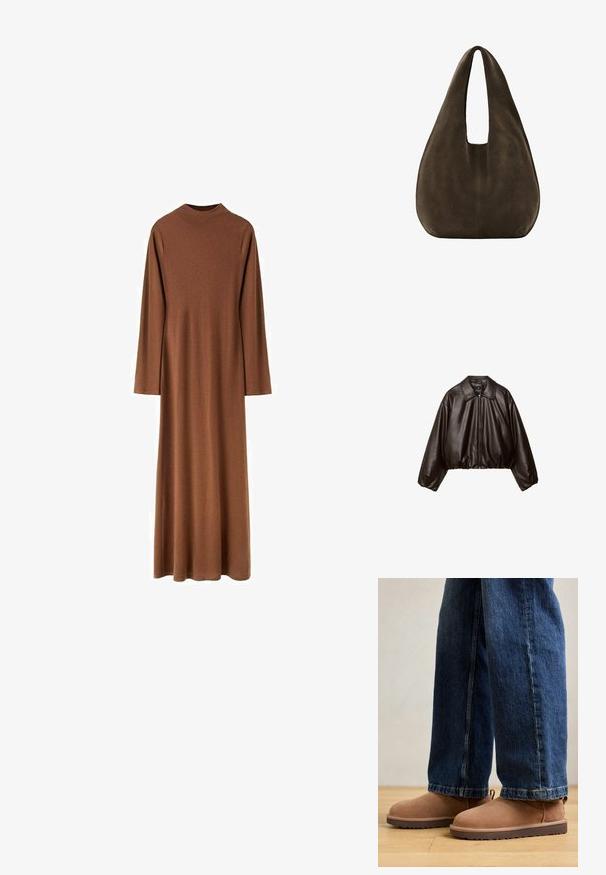 Brun faux læder cropped jakke med krave, lynlås-lukning og pufferærmer, med en glat tekstur og elastisk talje.; Langærmet, højhalset, brun kjole i ankellængde lavet af glat stof med en lige, løs pasform.; Brune ruskinds ankelstøvler med flad sål, rund tå og en lille træktab, parret med blå denimjeans med lige skæring.; Blød, mørkebrun ruskind hobo-taske med en bred enkelt strop og rundet bund på hvid baggrund.