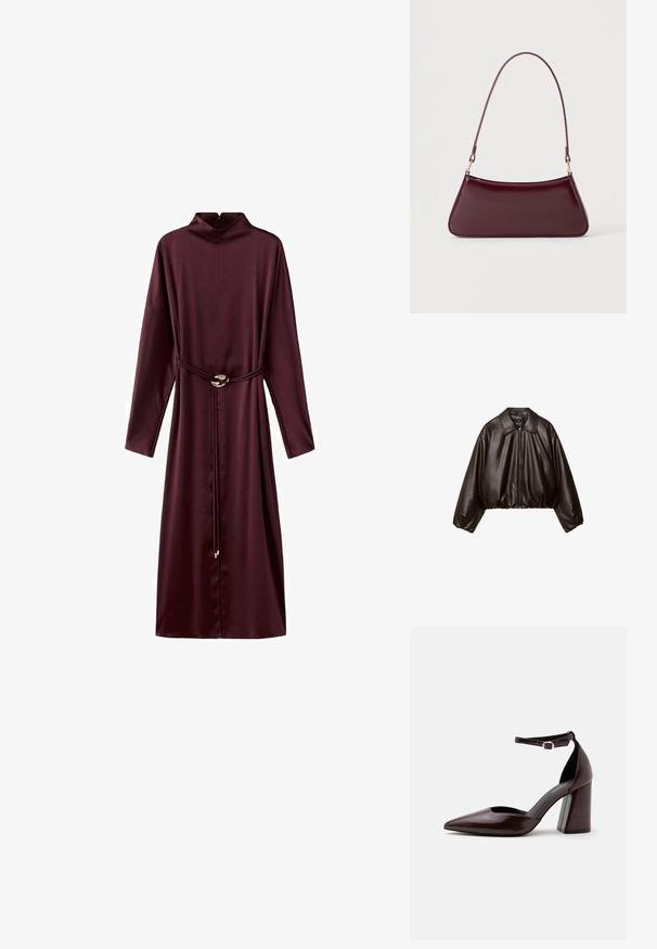 Brun faux læder cropped jakke med krave, lynlås-lukning og pufferærmer, med en glat tekstur og elastisk talje.; Bordeaux langærmet kjole med høj krave, indsnævret talje med bælte og en glat, ensartet tekstur. Har en rund metallic spænde detalje.; Mørkebrunt læder pumps med spids tå, høj hæl, ankelrem og sølvspænde på hvid baggrund.; Mørk burgunderglans håndtaske med et enkelt tyndt håndtag og en elegant, trapezformet form på en ensartet lys baggrund.