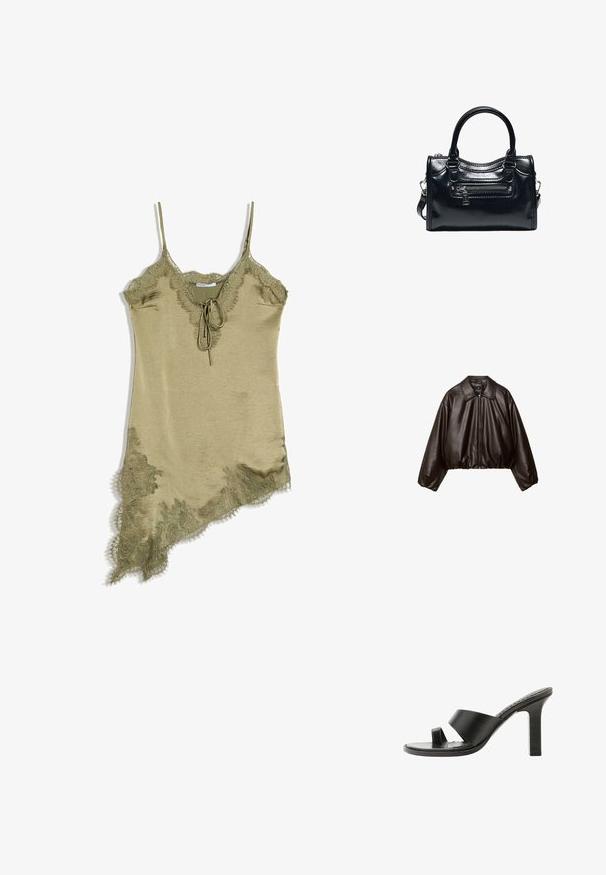 Veste cropped en simili cuir marron avec col, fermeture éclair et manches bouffantes, présentant une texture lisse et une taille élastique.; Robe nuisette en satin vert olive avec bordure en dentelle, bretelles spaghetti, col en V, lien à l'avant et ourlet asymétrique.; Sandale noire à talon haut avec une large bride sur le pied et une boucle pour l’orteil, vue de côté sur fond blanc.; Sac à main en cuir noir brillant avec deux poignées, poche avant zippée et bandoulière amovible sur fond blanc.