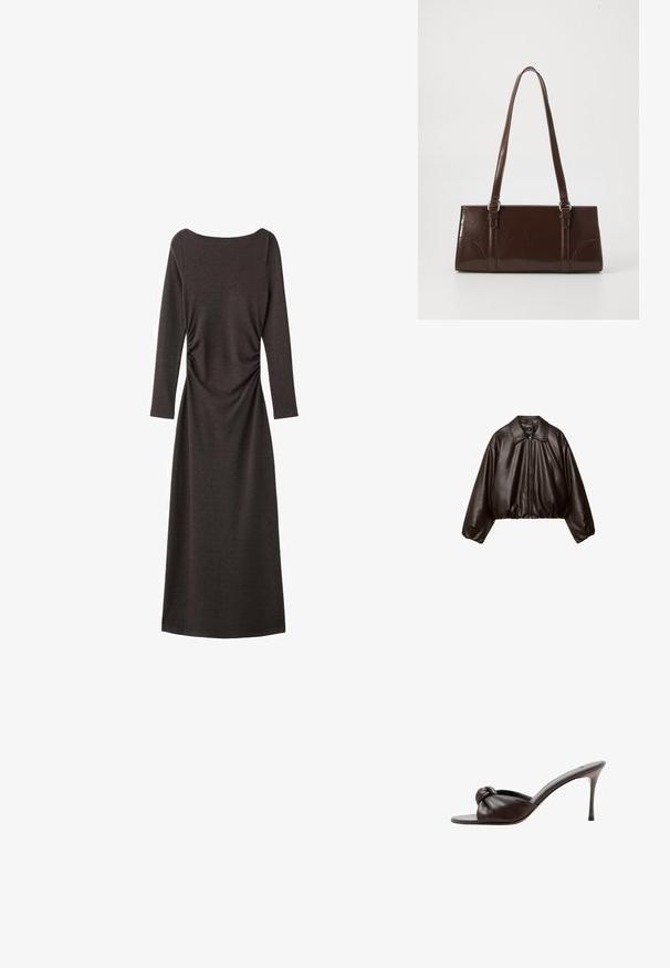 Veste cropped en simili cuir marron avec col, fermeture éclair et manches bouffantes, présentant une texture lisse et une taille élastique.; Robe à manches longues, brun foncé, avec un col rond et des détails froncés sur le côté, fabriquée en tissu doux et extensible.; Mule en cuir marron foncé à talon haut avec un bout ouvert et un détail de nœud sur la bride avant.; Sac à main en cuir verni marron de forme rectangulaire, avec deux longues poignées et des accents courbés subtils à l'avant.