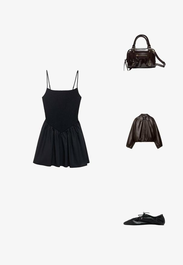 Veste cropped en simili cuir marron avec col, fermeture éclair et manches bouffantes, présentant une texture lisse et une taille élastique.; Robe noire avec un corsage smocké et des bretelles spaghetti réglables. La jupe est froncée, créant une forme évasée. Texture lisse sur l'ensemble.; Ballerine plate en cuir noir avec bout froncé et lacet à nouer orné d'embouts métalliques, vue latérale minimaliste et élégante.; Sac à main en cuir verni marron avec double poignées, bandoulière amovible, poche zippée à l'avant et accents en métal doré.