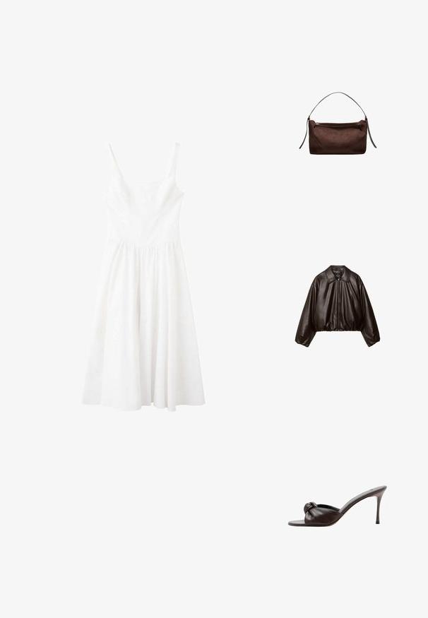 Veste cropped en simili cuir marron avec col, fermeture éclair et manches bouffantes, présentant une texture lisse et une taille élastique.; Robe blanche sans manches avec un décolleté carré et une taille froncée, dotée d'une jupe fluide mi-longue.; Mule en cuir marron foncé à talon haut avec un bout ouvert et un détail de nœud sur la bride avant.; Sac d'épaule en tissu brun texturé avec une sangle fine et une fermeture éclair supérieure, sur fond blanc uni.