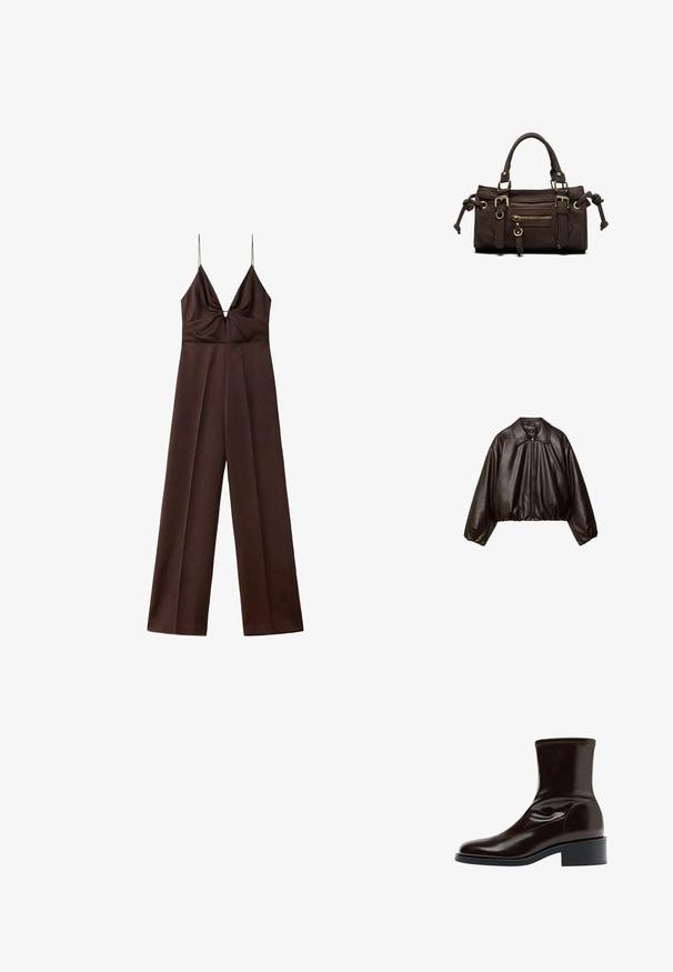 Brun faux læder cropped jakke med krave, lynlås-lukning og pufferærmer, med en glat tekstur og elastisk talje.; Mørkebrunt jumpsuit med vide ben, tynde spaghetti-stropper og en dyb V-halsudskæring med rynkede detaljer ved brystet.; Mørkebrun læderankelstøvle med firkantet tå, lav blokhæle og stikning langs øverste kant, vist i sideprofil.; Mørkebrun læderhåndtaske med dobbelte håndtag, forreste lynlåslomme, dekorative spænder og sideknuder på hvid baggrund.