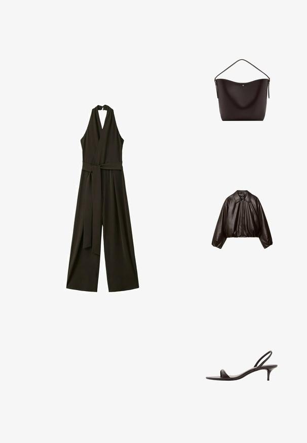 Veste cropped en simili cuir marron avec col, fermeture éclair et manches bouffantes, présentant une texture lisse et une taille élastique.; Combinaison noire sans manches à col licou avec pantalons larges et ceinture en tissu à la taille.; Sandale noire en cuir avec bride arrière, une fine lanière sur les orteils et un petit talon bas, vue de profil sur fond blanc.; Sac à bandoulière en cuir marron foncé avec une seule sangle et un petit bouton doré au centre devant.