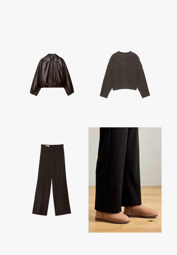 Brun faux læder cropped jakke med krave, lynlås-lukning og pufferærmer, med en glat tekstur og elastisk talje.; Brun, kort trøje med struktureret strikkedesign, brede ærmer og ribbet halsudskæring, med en afslappet pasform.; Sorte bukser med vide ben, foran med knap og lynlås, bæltestropper og glat stoftekstur, vist fladt på en hvid baggrund.; Brune ruskinds ankelstøvler med flad gummisål, rund tå og minimal syning, båret med sorte brede bukser på et trægulv.