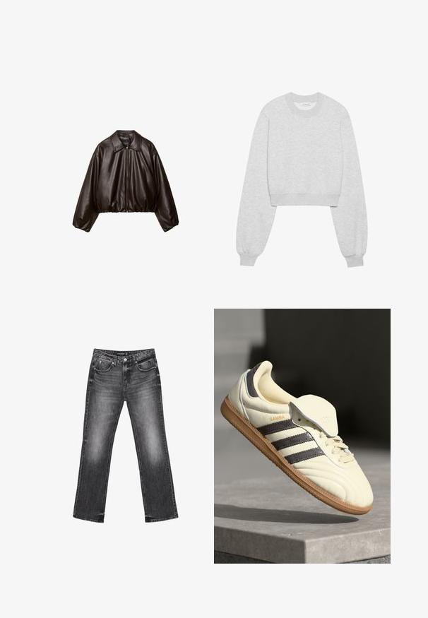 Brun faux læder cropped jakke med krave, lynlås-lukning og pufferærmer, med en glat tekstur og elastisk talje.; Afskåret sweatshirt i lys grå stof, med lange ærmer, rund halsudskæring, ribbede ærmer og en subtil tekstur.; Sorte denim jeans med lige ben, falmet tekstur og fem lommer. Har bæltestropper og lynlås.; Cremefarvede lædersneakers med tre mørke striber, en brun gummisål og en afrundet tå. Har en foldbar tunge mærket "SAMBA."