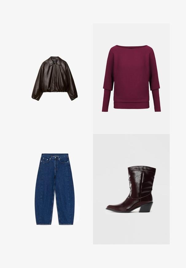 Veste cropped en simili cuir marron avec col, fermeture éclair et manches bouffantes, présentant une texture lisse et une taille élastique.; Pull côtelé bordeaux avec un col large et des manches trois-quarts. Texture douce, coupe décontractée, et couleur unie sans motifs.; Jean large en denim bleu foncé avec une taille haute, cinq poches et des attaches en métal argenté. Présente des coutures visibles et une texture lisse.; Bottines en cuir bourgogne avec un bout pointu, une surface texturée et un petit talon effilé. Présente une couture discrète et un ajustement confortable.