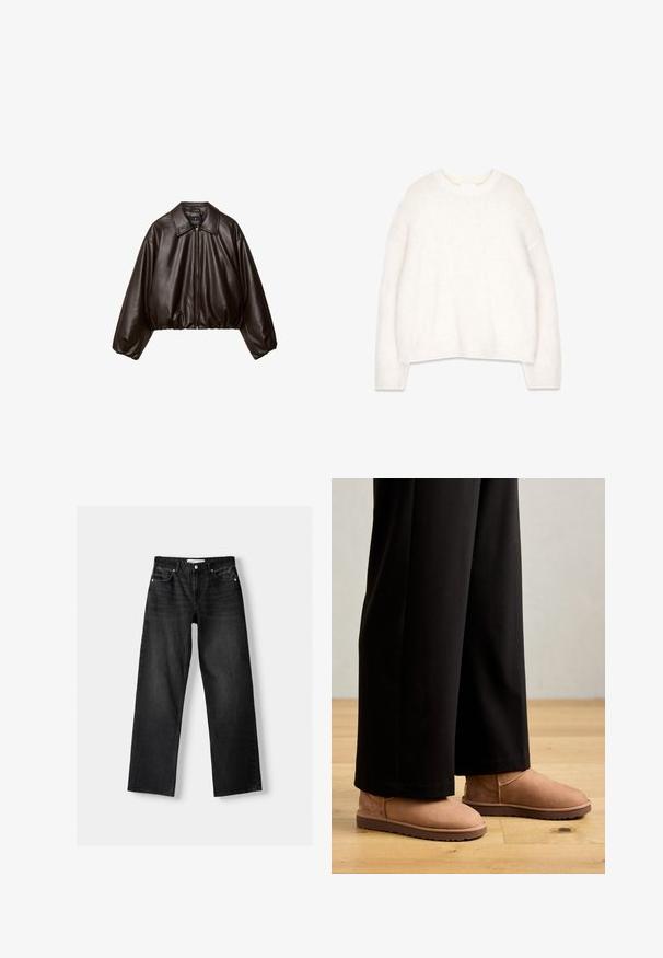 Brun faux læder cropped jakke med krave, lynlås-lukning og pufferærmer, med en glat tekstur og elastisk talje.; Hvid, fluffy sweater med rund halsudskæring, lange ærmer og en afslappet pasform. Lavet af blød, tekstureret stof med ribstrikkede manchetter og kant.; Bershka Jeans Straight Leg - mottled dark grey; Brune ruskinds ankelstøvler med flad gummisål, rund tå og minimal syning, båret med sorte brede bukser på et trægulv.