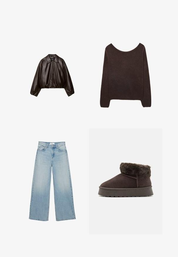 Brun faux læder cropped jakke med krave, lynlås-lukning og pufferærmer, med en glat tekstur og elastisk talje.; Brun strikket sweater med off-shoulder halsudskæring, lange ærmer og ribbede manchetter. Blød tekstur med en glat overflade.; Lyseblå højtaljede jeans med vide ben, forlommer, knaplukning og bæltestropper på en hvid baggrund.; Brune ruskind ankelstøvle med kunstig pelskrave, rund tå og tekstureret gummisål. Har enkel søm og et lavprofil design.