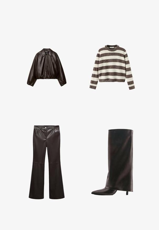 Veste cropped en simili cuir marron avec col, fermeture éclair et manches bouffantes, présentant une texture lisse et une taille élastique.; Pull-over rayé crème et marron foncé. Col rond côtelé, manches longues et ourlet court. Texture douce avec une coupe décontractée.; Pantalons évasés noirs en faux cuir lisse, dotés de poches avant, d'une fermeture éclair et d'un bouton argenté. Détails de couture accentués.; Botte haute noire en cuir avec un bout pointu et un talon fin de hauteur moyenne sur fond blanc.