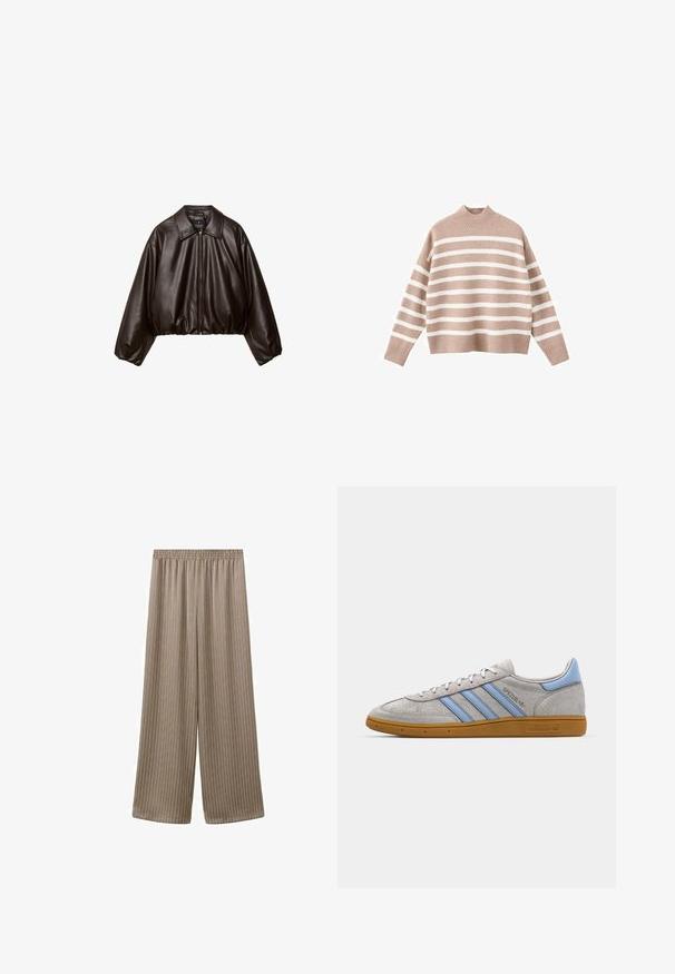 Brun faux læder cropped jakke med krave, lynlås-lukning og pufferærmer, med en glat tekstur og elastisk talje.; Beige stribet sweater med hvide vandrette striber, der har en ribbet høj halsudskæring og brede ærmer, lavet af blødt strikstof.; Beige bukser med vide ben og tynde lodrette striber, elastisk talje og løs pasform, der går ned til anklerne.; Grå ruskinds sneakers med lyseblå striber, gummisål i farven gum og logo detaljer. Lavt design med rund tå og snørelukning.