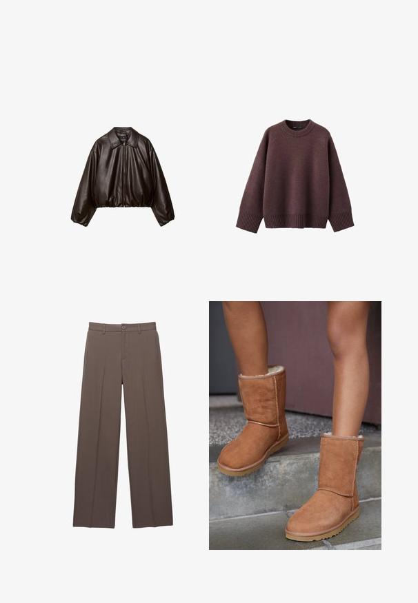 Veste cropped en simili cuir marron avec col, fermeture éclair et manches bouffantes, présentant une texture lisse et une taille élastique.; Pull ample de couleur bordeaux foncé, en tissu tricoté doux. Il présente un col rond côtelé, de larges manches et un ourlet côtelé.; Pantalons taillés marron avec passants de ceinture, fermeture à bouton et détails de plis avant sur un fond blanc.; Bottines en suede marron, à bout rond, avec une doublure douce et une semelle en caoutchouc, présentant des détails de couture visibles le long des coutures.
