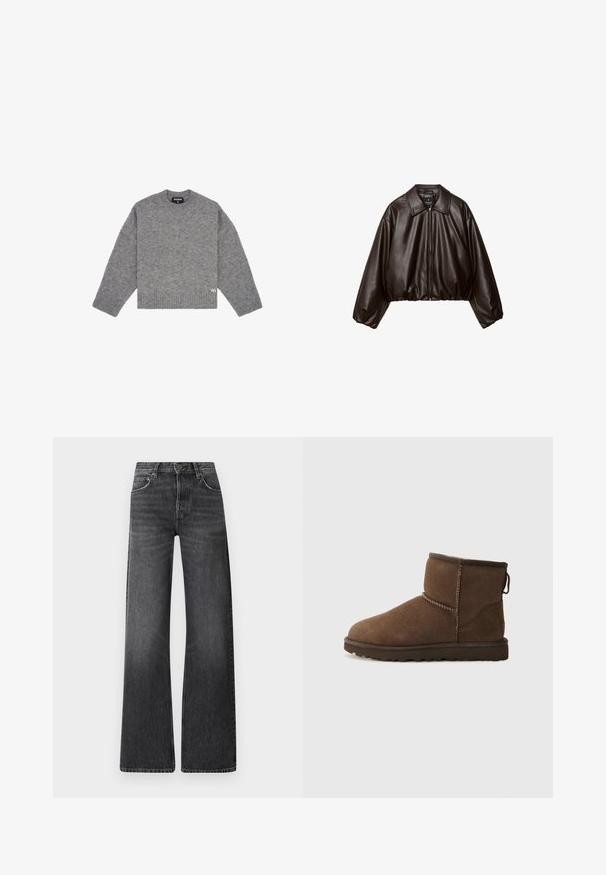 Veste cropped en simili cuir marron avec col, fermeture éclair et manches bouffantes, présentant une texture lisse et une taille élastique.; Sweater en laine gris avec un col rond, des manches longues, des poignets et un ourlet côtelés, arborant un petit logo blanc sur le côté inférieur droit.; Jeans en denim noir à taille haute et à jambe large. Comprend cinq poches et une texture légèrement délavée avec des accents de couture contrastants.; UGG CLASSIC MINI II - Bottes de neige - dusted cocoa