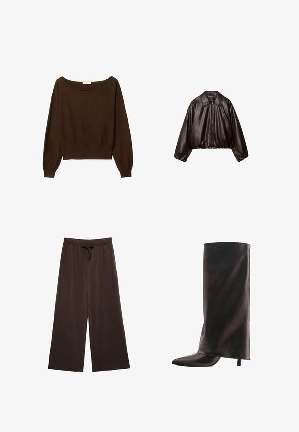 Veste cropped en simili cuir marron avec col, fermeture éclair et manches bouffantes, présentant une texture lisse et une taille élastique.; Pull en cuir marron, court, avec un col large et de longues manches légèrement bouffantes. Texture douce et détail de bord côtes. Pas de fermetures visibles.; Pantalon marron à jambes larges avec taille élastique et cordon, en tissu doux, présenté sur fond blanc.; Botte haute noire en cuir avec un bout pointu et un talon fin de hauteur moyenne sur fond blanc.