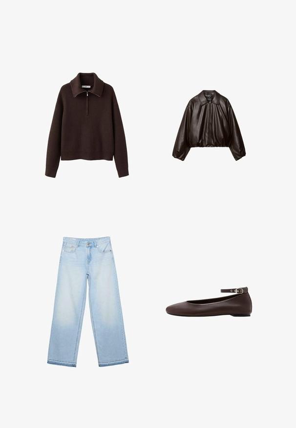 Veste cropped en simili cuir marron avec col, fermeture éclair et manches bouffantes, présentant une texture lisse et une taille élastique.; Pull-over marron côtelé avec col montant et fermeture à demi-zip. Présente une coupe décontractée et une texture douce.; Jeans large jambe bleu clair à taille haute, avec bouton frontal, fermeture éclair, et design à cinq poches, étalés à plat sur un fond blanc.; Chaussure plate marron foncé avec bout arrondi et bride de cheville réglable avec boucle argentée sur fond blanc.