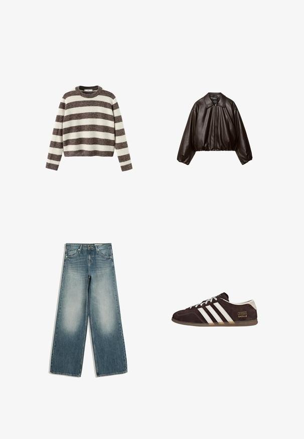 Veste cropped en simili cuir marron avec col, fermeture éclair et manches bouffantes, présentant une texture lisse et une taille élastique.; Pull-over rayé crème et marron foncé. Col rond côtelé, manches longues et ourlet court. Texture douce avec une coupe décontractée.; Jean large bleu avec zones avant des cuisses délavées, poches avant, passants de ceinture et fermeture par bouton.; Baskets en suède marron avec trois bandes blanches, semelle en caoutchouc, et étiquette avec le texte "Gazelle" en or. Fermeture à lacets avec lacets gris.