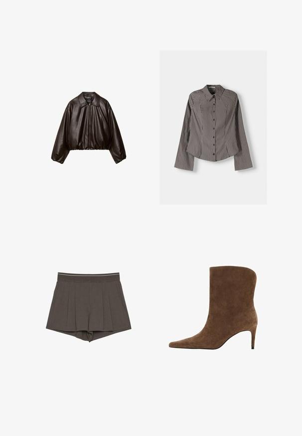 Veste cropped en simili cuir marron avec col, fermeture éclair et manches bouffantes, présentant une texture lisse et une taille élastique.; Chemise à boutons rayée marron et blanc, dotée de manches longues, d'un col pointu et d'un ourlet arrondi. Tissu texturé avec des rayures verticales.; Shorts style jupe plissée gris foncé avec une ceinture ajustée et un léger évasement sur fond blanc.; Bottine en daim brun avec un bout pointu et un talon fin, présentant un design supérieur épuré et une texture lisse.