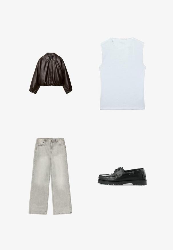 Brun faux læder cropped jakke med krave, lynlås-lukning og pufferærmer, med en glat tekstur og elastisk talje.; Ærmeløs hvid bomulds tanktop med rund halsudskæring og et enkelt, ensfarvet design.; Lysegrå jeans med vide ben, forlommer, bæltestropper og knaplukning.; Sorte læder bådsko med moccasin-design, rund tå, dekorativ syning og en tekstureret gummisål med klodser.