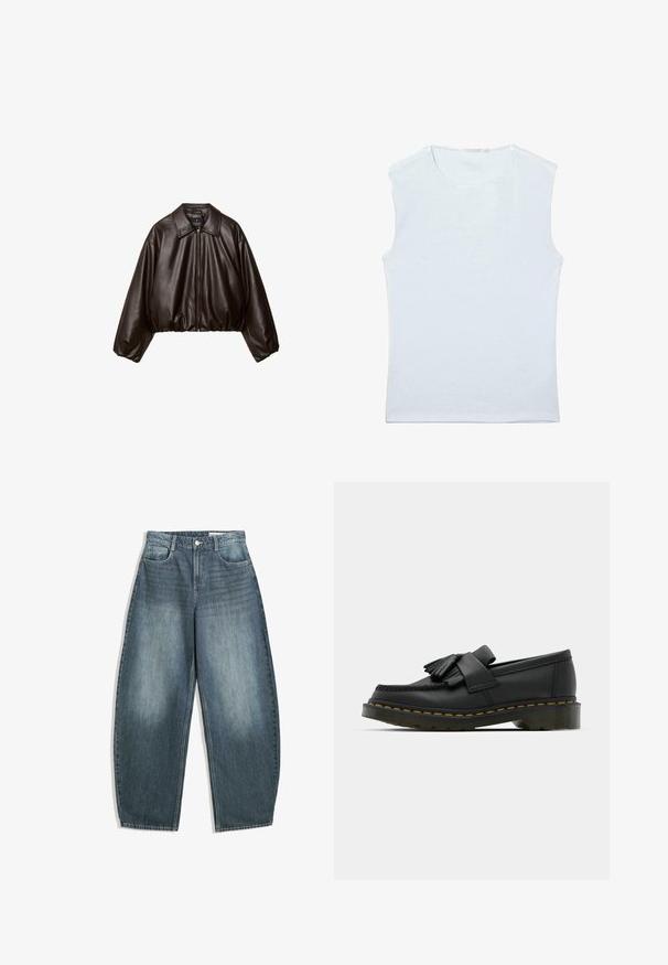 Brun faux læder cropped jakke med krave, lynlås-lukning og pufferærmer, med en glat tekstur og elastisk talje.; Ærmeløs hvid bomulds tanktop med rund halsudskæring og et enkelt, ensfarvet design.; Lys blå denim bredbenede jeans har høj talje, fem lommer, diskret fald og syninger langs sømmene.; Sorte læder loafers med rund tå, der har frynse detaljer og et dekorativt bånd på tværs af fronten, sat på en kraftig hæl.