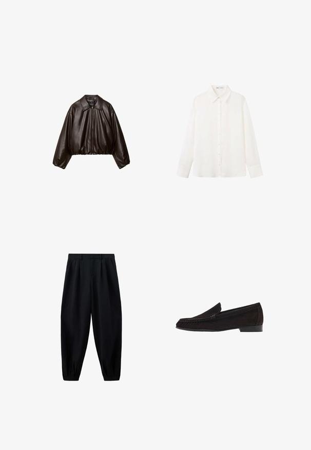 Veste cropped en simili cuir marron avec col, fermeture éclair et manches bouffantes, présentant une texture lisse et une taille élastique.; Chemise blanche à manches longues boutonnée, avec un col pointe et de larges poignets, en tissu uni et lisse.; Pantalon noir taille haute effilé avec des plis à la taille et aux poignets, et des poches latérales, présenté sur fond blanc.; Mocassins en daim marron à texture lisse, dotés d'un talon bas et d'une forme arrondie à l'avant. Le dessus présente des accents de couture subtils.