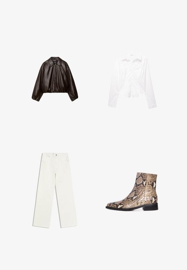 Brun faux læder cropped jakke med krave, lynlås-lukning og pufferærmer, med en glat tekstur og elastisk talje.; Langærmet hvid skjorte med krave, slim fit og manchetter, lagt fladt ud på en hvid baggrund.; Hvide jeans med højt liv og lige ben, med forlommer og knaplukning på hvid baggrund.; Snoningsstøvle til anklen med spidse tæer, der har en glansfuld overflade, neutrale beige- og brune farver, lav sort hæl og tekstureret mønster.