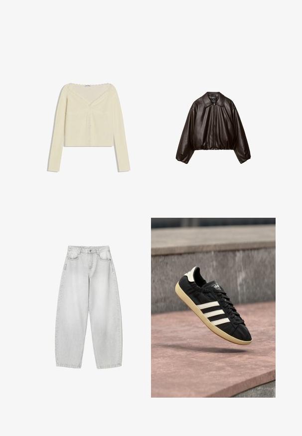 Veste cropped en simili cuir marron avec col, fermeture éclair et manches bouffantes, présentant une texture lisse et une taille élastique.; Haut en maille côtelée à manches longues de couleur crème avec bords festonnés et bordure en dentelle, présentant une silhouette ajustée et un décolleté en V.; Jeans à large jambe de couleur gris clair en denim, avec des poches avant, une taille à bouton et une finition légèrement délavée.; Baskets Adidas noires avec des bandes blanches et une semelle beige, capturées en plein air au-dessus d'une surface en pierre et d'un mur en pierre en arrière-plan.