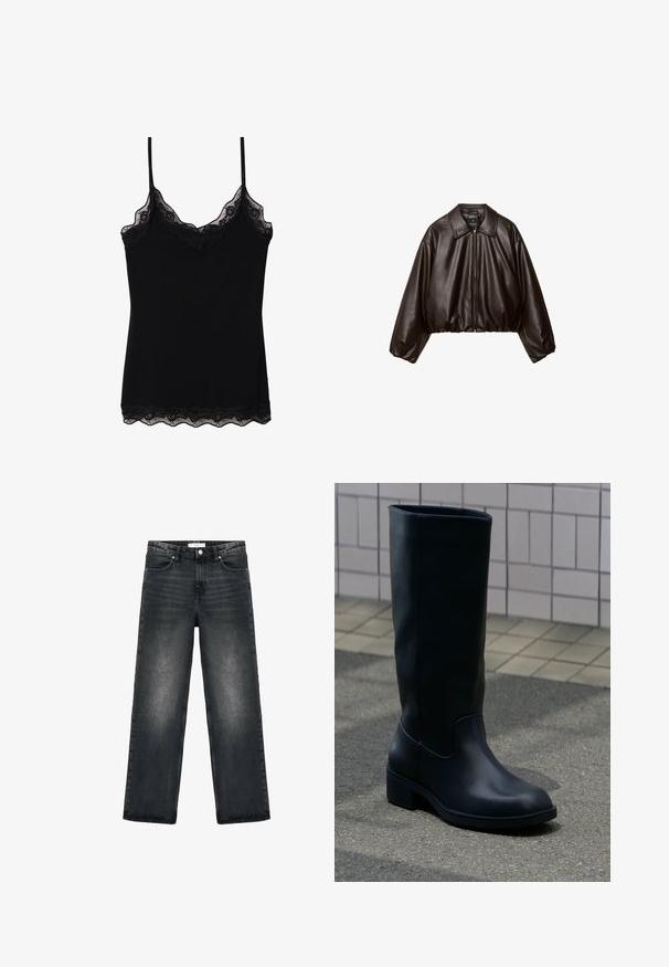 Braune Kunstleder-Cropped-Jacke mit Kragen, Reißverschluss und gepufften Ärmeln, aus glattem Material und mit elastischem Bund.; Schwarzes Spaghetti-Top mit verstellbaren Trägern, einem gewellten Spitzenbesatz entlang des Ausschnitts und Saums sowie einer figurschmeichelnden Passform. Hergestellt aus weichem Stoff.; Schwarze Jeans aus Denim mit lockerer Passform, geraden Beinen und leichter Ausbleichung. Verfügt über einen Knopfverschluss und ein fünf Taschen-Design für Funktionalität.; Hoher schwarzer Lederstiefel mit niedrigem klobigem Absatz, stehend auf Pflaster neben gefliestem Wandhintergrund.