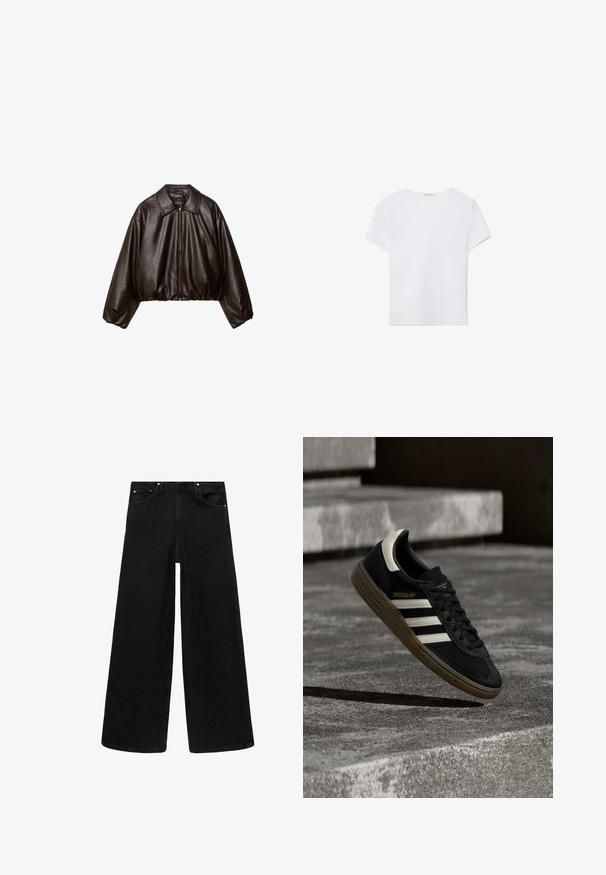 Braune Kunstleder-Cropped-Jacke mit Kragen, Reißverschluss und gepufften Ärmeln, aus glattem Material und mit elastischem Bund.; Weißes kurzärmliges T-Shirt aus weichem Stoff. Hat einen runden Halsausschnitt und ein einfaches, sauberes Design mit geradem Saum.; Schwarz weit geschnittene Jeans aus Denim. Mit Reißverschluss, fünf Taschen und silberfarbener Hardware. Schlichtes Design, ohne Muster oder Akzente.; Schwarzer Adidas-Sneaker mit weißen Streifen und Gummisohle schwebt über grauen Betonstufen im natürlichen Licht.