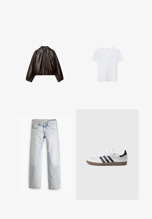 Brun faux læder cropped jakke med krave, lynlås-lukning og pufferærmer, med en glat tekstur og elastisk talje.; Hvid kortærmet t-shirt lavet af blødt stof. Har en rund halsudskæring og et simpelt, rent design med en lige underkant.; Lyseblå denimjeans med en afslappet pasform, høj talje og fem-lomme design. Har syning detaljer og knaplukning.; Hvid mesh-sneaker med sorte striber, beige ruskind på tåhætte og hæl, tekstureret gummisål og hvide snørebånd. Klassisk lavtopsdesign.