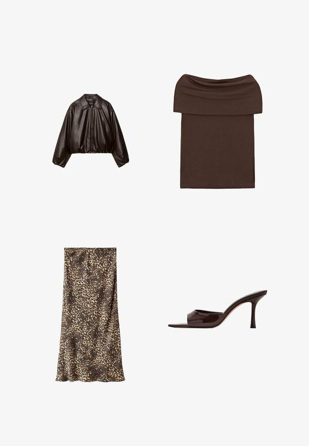 Veste cropped en simili cuir marron avec col, fermeture éclair et manches bouffantes, présentant une texture lisse et une taille élastique.; Jupe ajustée marron à épaules dénudées avec une large ceinture pliée, en tissu doux et extensible.; Jupe midi à imprimé léopard en tissu doux, présentant un mélange de tons marron et beige. Design simple avec une silhouette fluide.; Mule en cuir verni marron foncé, à bout ouvert, avec une large bride et un talon haut fin sur fond blanc.