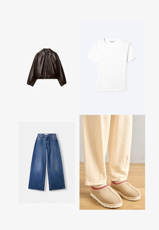Veste cropped en simili cuir marron avec col, fermeture éclair et manches bouffantes, présentant une texture lisse et une taille élastique.; T-shirt blanc uni à manches courtes et col rond avec une petite étiquette "WEEKDAY" à l'intérieur de l'encolure, présenté à plat sur un fond clair.; Jeans en denim bleu à jambes larges avec poches avant, passants de ceinture et fermeture par bouton, posés à plat sur un fond clair.; Pieds portant des chaussons beiges avec une bordure rouge et un pantalon crème debout sur un sol en bois.