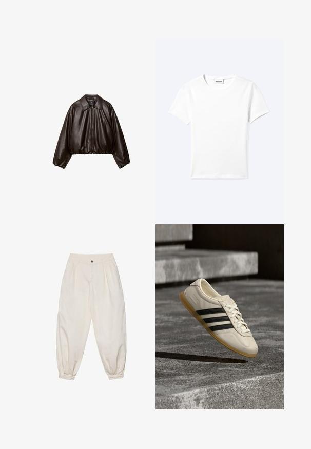 Veste cropped en simili cuir marron avec col, fermeture éclair et manches bouffantes, présentant une texture lisse et une taille élastique.; T-shirt blanc uni à manches courtes et col rond avec une petite étiquette "WEEKDAY" à l'intérieur de l'encolure, présenté à plat sur un fond clair.; Pantalon blanc taille haute à jambes fuselées, avec plis, bouton à l'avant, poches latérales et bas élastiqués resserrés aux chevilles.; Baskets blanches avec des bandes noires et une semelle en gomme flottant au-dessus d’escaliers en béton dans une lumière douce du jour.