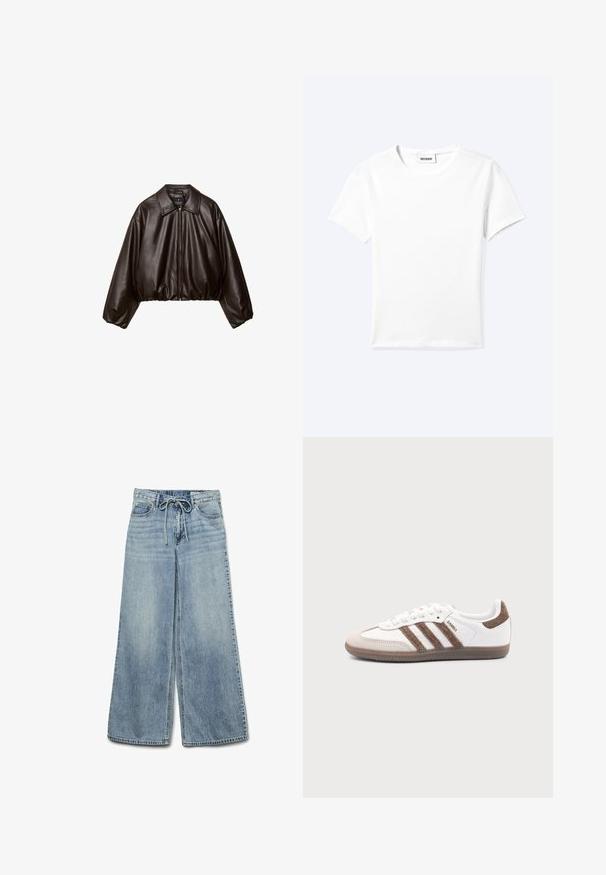 Veste cropped en simili cuir marron avec col, fermeture éclair et manches bouffantes, présentant une texture lisse et une taille élastique.; T-shirt blanc uni à manches courtes et col rond avec une petite étiquette "WEEKDAY" à l'intérieur de l'encolure, présenté à plat sur un fond clair.; Jean large bleu clair en denim avec une taille élastique et un cordon de serrage, comportant des poches avant et une texture délavée.; Baskets Adidas Samba blanches avec des bandes en daim marron, semelle en caoutchouc marron et bout en daim beige, vues du côté extérieur sur un fond uni.