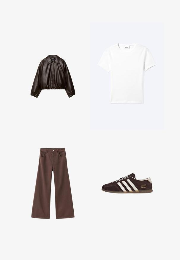 Brun faux læder cropped jakke med krave, lynlås-lukning og pufferærmer, med en glat tekstur og elastisk talje.; Ensfarvet hvid t-shirt med korte ærmer og rund halsudskæring med en lille "WEEKDAY" label indeni halskanten, vist fladt på en lys baggrund.; Brune brede jeans lavet af denim. Har fem lommer, lynlås og metalnitter. Glat tekstur og klassisk design.; Brune ruskindssneakers med tre hvide striber, gummisål og tekstlabel med ordene "Gazelle" i guld. Snørebåndsdesign med grå snørebånd.