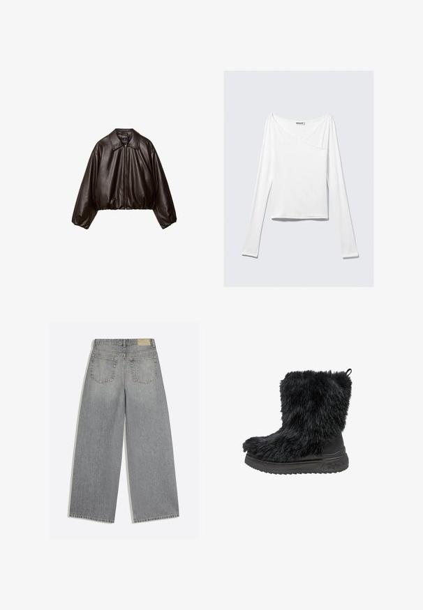 Braune Kunstleder-Cropped-Jacke mit Kragen, Reißverschluss und gepufften Ärmeln, aus glattem Material und mit elastischem Bund.; Weißes Langarmoberteil mit einem Überlappungsdesign und einer Tasche. Hergestellt aus einem glatten, elastischen Material. In einem lässigen, entspannten Schnitt.; Graue Jeans mit weitem Bein, Rückseite mit zwei Taschen und Gürtelschlaufen, flach auf weißem Hintergrund liegend.; Schwarze Kunstfell-Ankle-Boots mit einer dicken schwarzen Gummisohle und strukturiertem Obermaterial. Verfügt über eine Zuglasche auf der Rückseite für ein einfaches Anziehen.