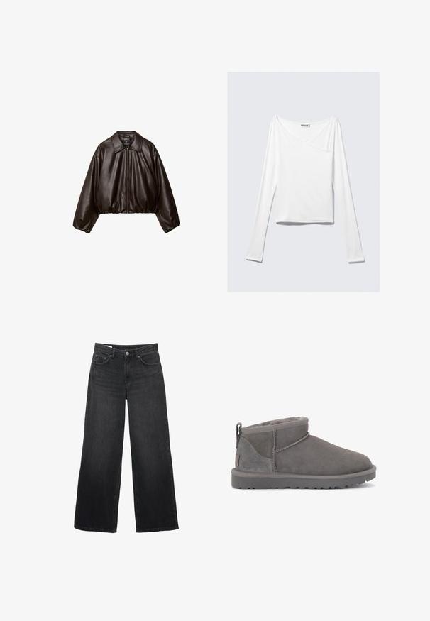 Veste cropped en simili cuir marron avec col, fermeture éclair et manches bouffantes, présentant une texture lisse et une taille élastique.; Haut blanc à manches longues avec un design croisé et une poche. Fabriqué dans un tissu lisse et extensible. Coupé dans une coupe décontractée et ample.; Jeans noirs à jambes larges avec bouton devant, fermeture éclair, passants de ceinture et design cinq poches sur fond blanc.; Bottines en daim gris avec une doublure intérieure douce, des coutures minimales et une semelle en caoutchouc moulée. Présente un passant à l'arrière.
