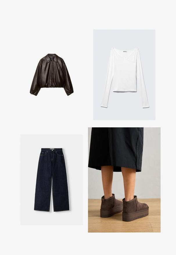 Veste cropped en simili cuir marron avec col, fermeture éclair et manches bouffantes, présentant une texture lisse et une taille élastique.; Haut blanc à manches longues avec un design croisé et une poche. Fabriqué dans un tissu lisse et extensible. Coupé dans une coupe décontractée et ample.; Jean large en denim bleu foncé à taille haute, avec cinq poches, des coutures contrastées et des éléments en métal argenté. Texture lisse et finition soignée.; UGG CLASSIC ULTRA MINI PLATFORM - Boots à talons - burnt cedar