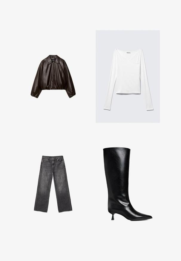 Braune Kunstleder-Cropped-Jacke mit Kragen, Reißverschluss und gepufften Ärmeln, aus glattem Material und mit elastischem Bund.; Weißes Langarmoberteil mit einem Überlappungsdesign und einer Tasche. Hergestellt aus einem glatten, elastischen Material. In einem lässigen, entspannten Schnitt.; Dunkelgraue weite Jeans aus Denim mit Vorder- und Hintertaschen, Knopfverschluss und dezentem, ausgewaschenem Detail.; Schwarze Lederstiefel bis zum Knie mit spitzem Zehenbereich, schlanker Silhouette und niedrigem Blockabsatz mit glänzender Oberfläche.
