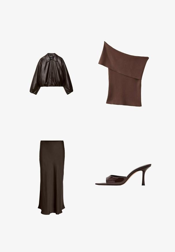 Brun faux læder cropped jakke med krave, lynlås-lukning og pufferærmer, med en glat tekstur og elastisk talje.; Brun strikket top med én skulder, bred foldet halsudskæring og tætsiddende pasform.; VILA VIELLETTE HW MIDI SKIRT - NOOS - Maxinederdele - coffee bean; Mørkebrun laklæder mule med åben tå, bred rem og slank høj hæl på hvid baggrund.